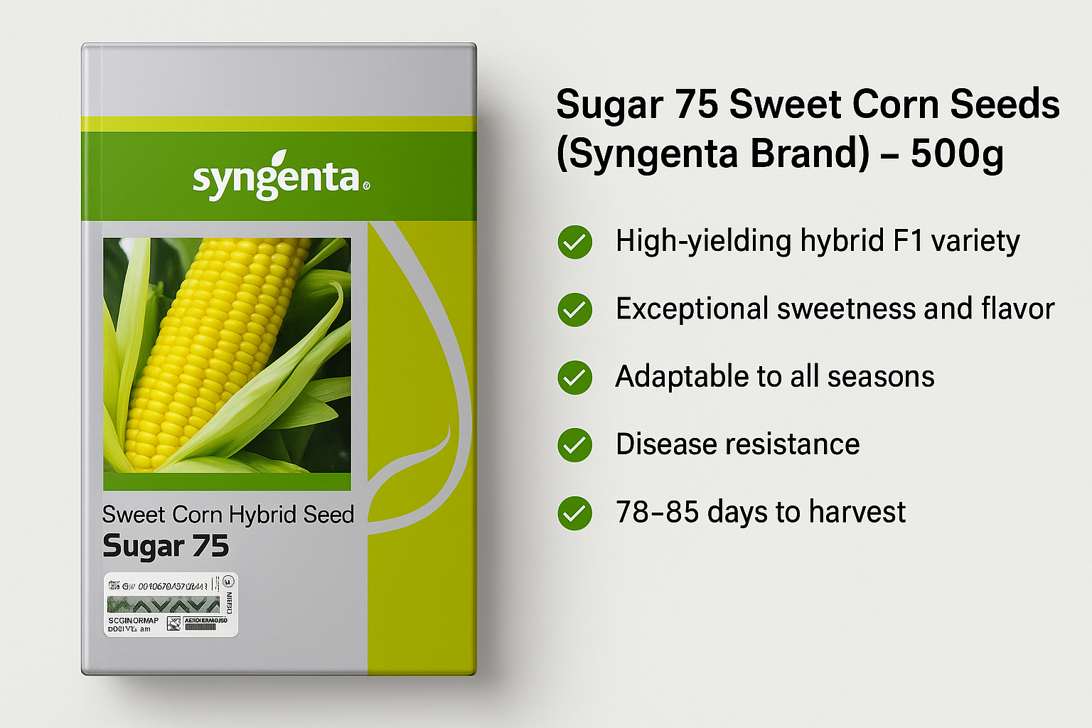 Sugar 75 Sweet Corn Seeds (Syngenta Brand) – 500g