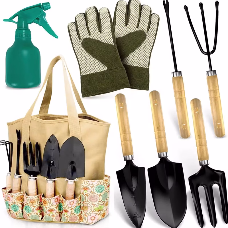 Durable Agricultural Gardening Tool Set with Wooden Handle Stainless Steel Hand Tools Kit for Farming Planting Landscaping